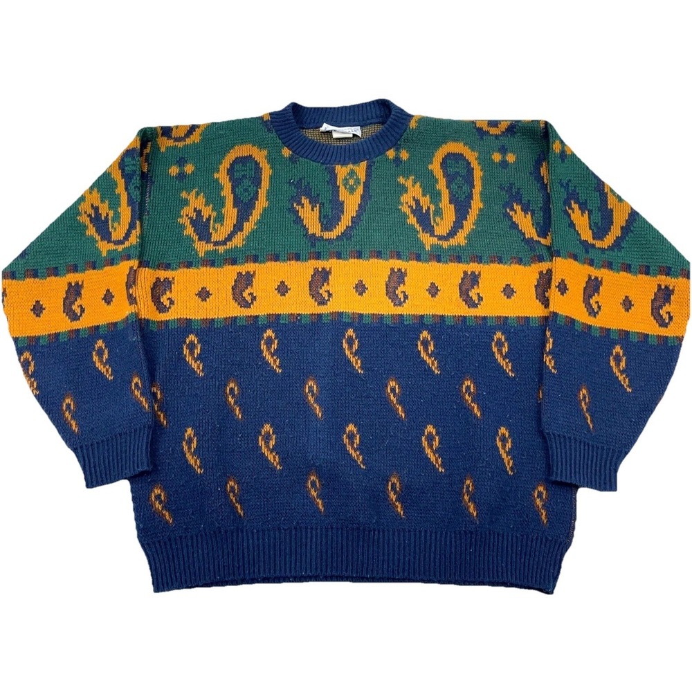 Vintage Cabin Creek Sweater Women Large Blue Green Grandma Western Nordic Boho